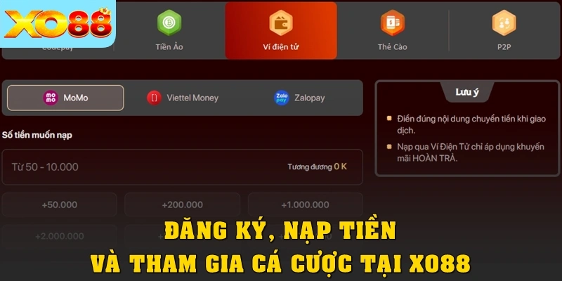 Đăng ký, nạp tiền và tham gia cá cược tại XO88